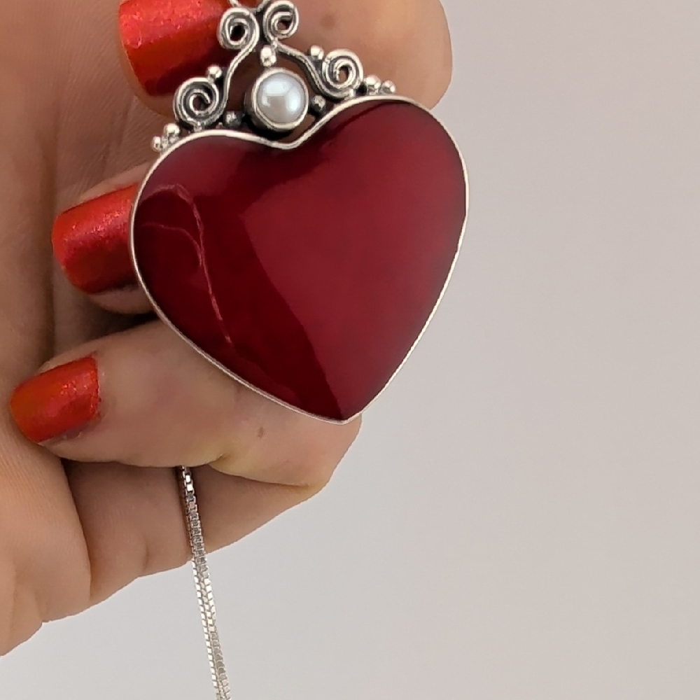 Sterling Silver Heart Pendant Necklace with Red Coral And Pearl - Picture 4 of 6